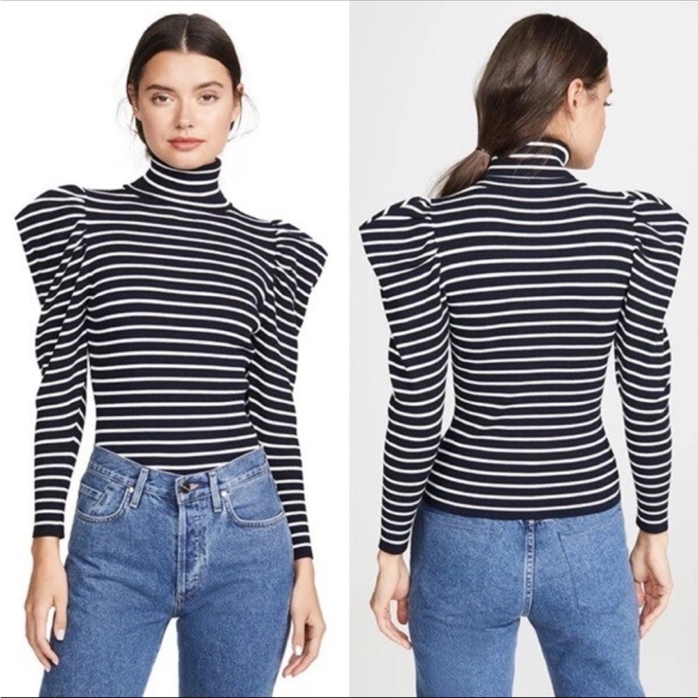NWT A.L.C. Black and White Striped Baker Puff Sleeve Turtleneck - Picture 3 of 9